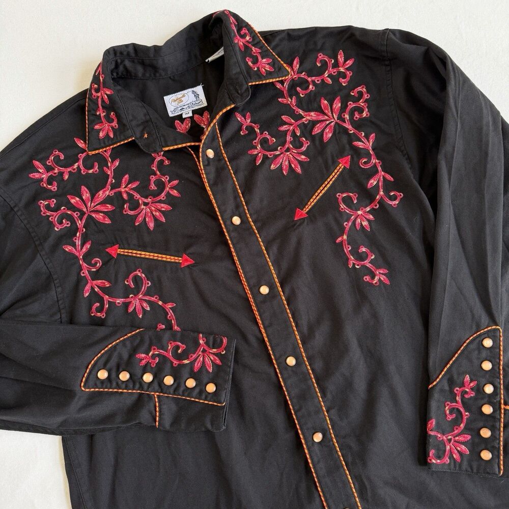 Panhandle Slim Retro Western Rockabilly Embroidered Black Snap Shirt MEDIUM Mens
